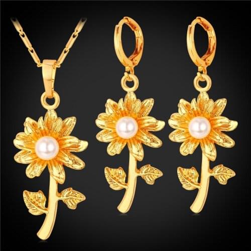 Blossom Daisy Flower Dangle Earrings And Pendant Necklace Set Gold/Silver Color Dubai Jewelry Set For Women PE1576