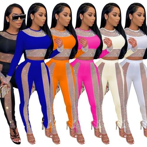 Sexy Diamond Crystal Patchwork 2 Piece Set New Women O Neck Long Sleeve T-Shirt And Long Pants Suit Party Clubwear Matching Set