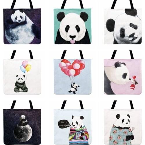 Various Cute Panda Illustrations Printed Tote Bag Ladies Shoulder Bag Linen Febric Casual Tote Shopping Bag Outdoor Beach Bag