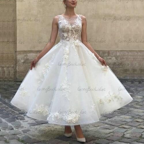 Boho O Neck Wedding Dresses 2020 Lace Appliqus Flowers Organza Beach Bride Dress for Women Custom Made Abiti Da Sposa vestidos