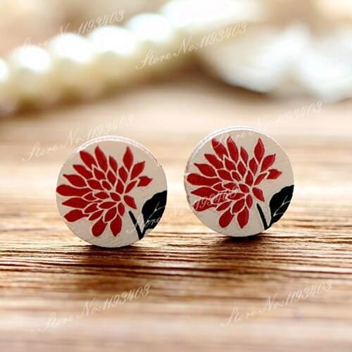 Unique 3D Flower Embossed 16mm Round Coloured Drawing pattern Laser Cut wood Cabochon DIY for Rings, Earring,Brooch,Necklace