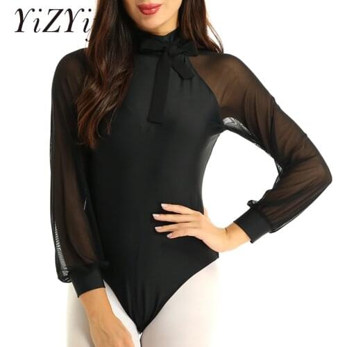 Ballet Leotard Women Lyrical dance costume Mock Neck Mesh Long Sleeves Cutout Back Gymnastics Leotard Ballet Dancewear Bodysuit