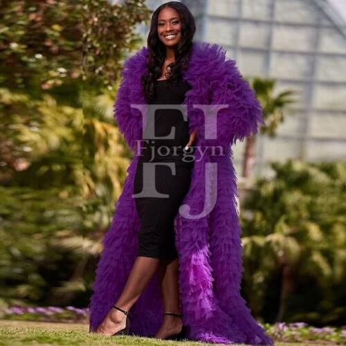 Chic Puffy Purple Tulle Long Robes Women Overlay Coat Full Sleeves Ruffles Tiered Floor Length Tutu Women Jacket Custom Made
