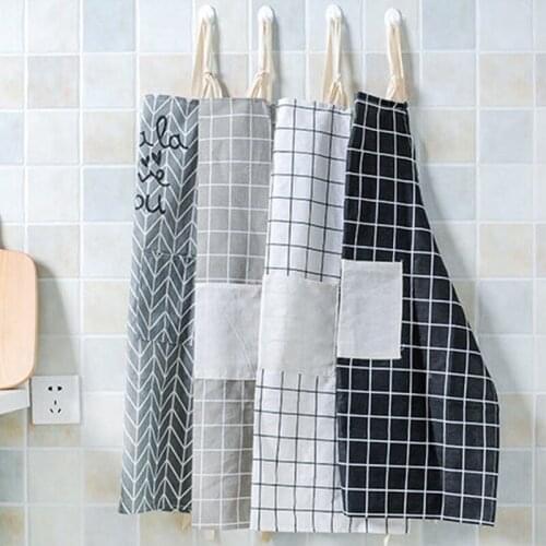 1PCS Plaids Apron Woman Adult Cooking Bibs Cotton Linen Apron with Pocket for Housework Kitchen Cooking Baking Oil-proof Tools