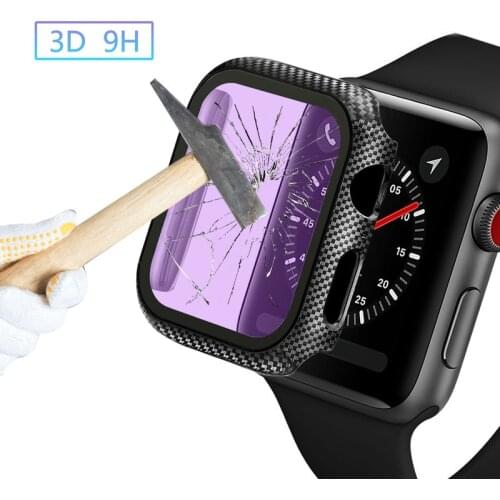 Carbon Fiber + Tempered Glass Case for Apple Watch 5 4 3 2 1 Screen Protector Cover Bumper IWatch Series 44mm 40mm 42mm 38mm