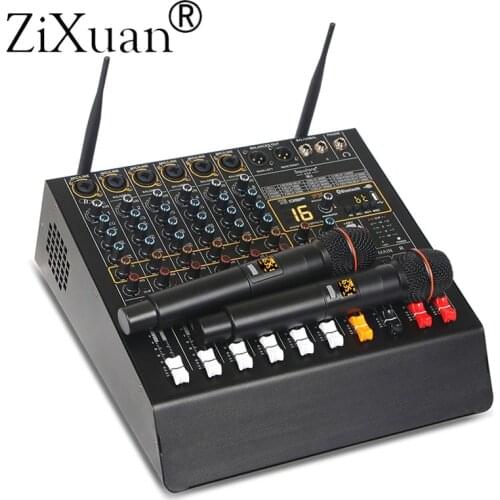 6 Channel 16 DSP Digital Effect Power Amplifier Studio Audio Mixer Bluetooth USB Mixing Console 2 Handheld Wireless Microphone