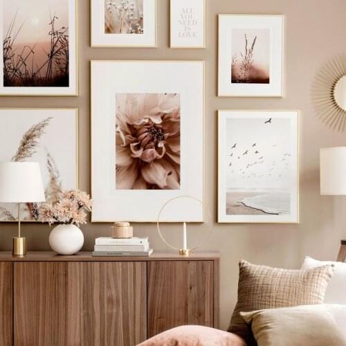 Dahlia Flower Calm Beach Golden Sunset Reed Grass Nordic Poster Wall Art Print Canvas Painting Decor Pictures For Living Room