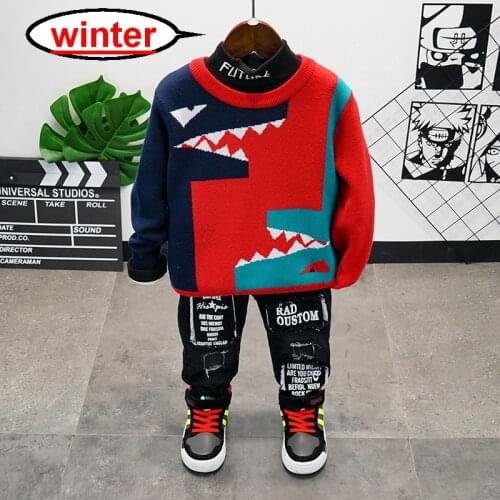 Winter Baby Boys 3Pieces/Set Kids Cartoon Sweater+ Plush T-Shirt + Thickened Jeans Childrens Clothing Suit 2-7Years