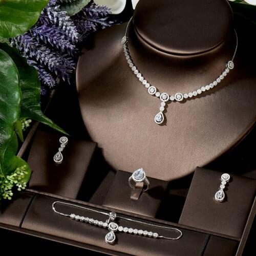 HIBRIDE Classic Water Drop Pendientes Necklace Adjustable Box Chain Bracelets Jewelry Sets 4PCS Full Cubic Zirocnia N-1561