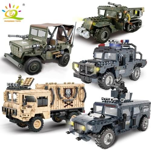 HUIQIBAO Army WW2 Armored Vehicle Truck Building Blocks For Children Military Set Soldier Figures Bricks Car Construction Toys
