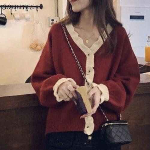 Cardigan Women Korean Style Elegant Patchwork All-match Female Cropped Sweater Leisure Stylish V-neck Students Sweet Cozy New
