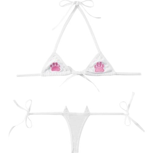 2pcs Sexy Lingerie Bra Set Women Cartoon Cat Paw Embroidered Bikini Set Ladies Swimsuit Swimwear Halter Neck Bra With G-string