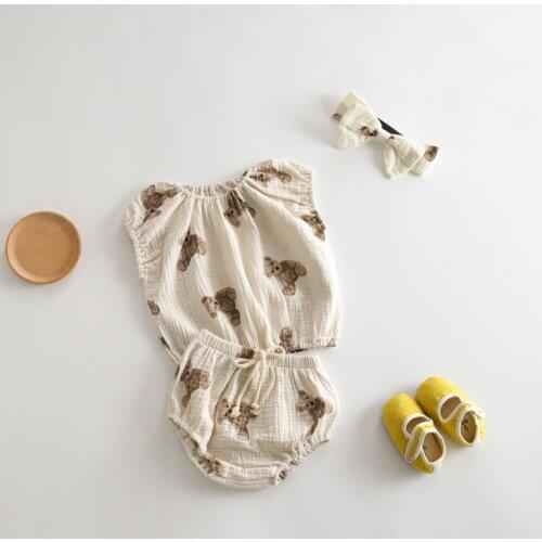 2021 Summer New Girls Set Korean Short Sleeve Print Bear Top And Bread Shorts 3 Pcs Suit