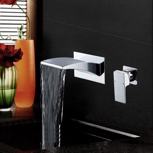 Waterfall Basin Faucets Wall Mounted Chrome Brass Single Handle In-Wall Bathroom Basin Sink Faucet 2 Holes Hot & Cold mixer Taps