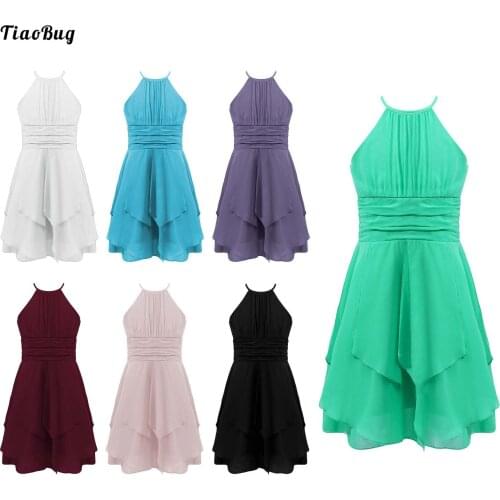 TiaoBug Summer Kids Girls Chiffon Dress Halter Sleeveless Asymmetric Ruffle Hem Fully Lined Dress For Party Birthday Wedding
