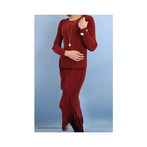 HOT SELLING Miyake Elegant fashion fold open fork tassel long-sleeve solid o-neck tassel dress IN STOCK