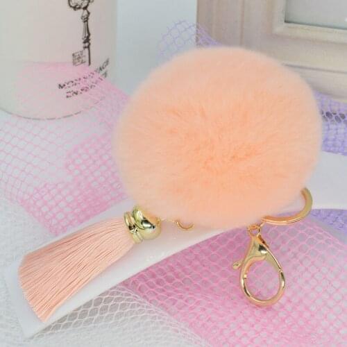Cute ball fluffy rabbit fur pompoms keychain keyring auto key chain tassel diy llavero women jewelry puff bag purse charms gift