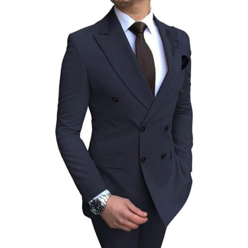 New Mens Suit 2 Pieces Double-breasted Notch Lapel Flat Slim Fit Casual Tuxedos For Wedding(Blazer+Pants)