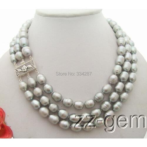 Natural freshwater pearls 3rows 9-10mm Grey Rice Pearl Necklace 18inch
