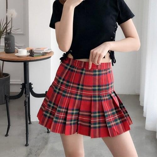 Preppy Mini Pleated Skirt Women Red High Waist Plaid Skirt Korean Fashion Sweet Skater Checkered Skirts School Girl Skirts 2020