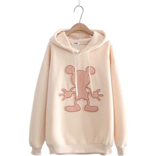 Autumn Winter New Women Loose Preppy Style Cotton Cute Cartoon Patch Long Sleeve Hooded Sweatshirt Girls Hoodies 2058404
