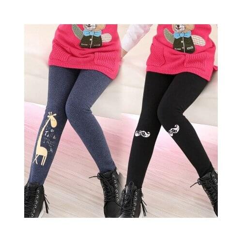 Autumn Winter Baby Girls Skinny Pants Children Velvet Fleece Leggings Solid Color Beard Rabbit Crown Pattern Kids Trousers 5-10Y