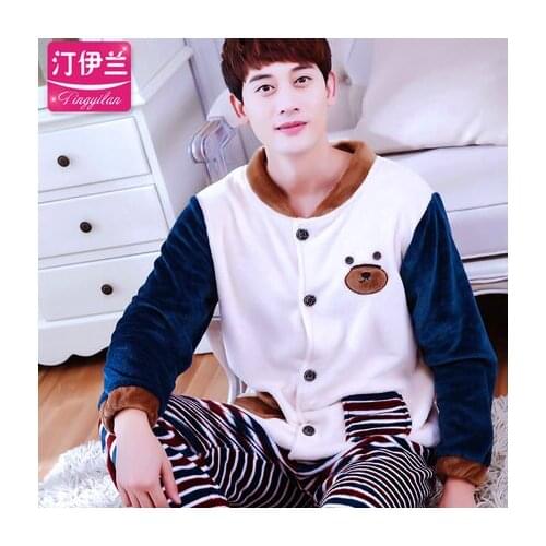 Autumn and winter style thick coral fleece sleepwear men long-sleeve 16 colors plus size XXXL casual flannel lounge pajamas set