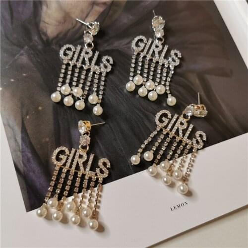 Rongho Hiperbole Crystal Girls Letter Earrings for Women Hiphop Jewelry 2019 Pearl Tassel Pendant Chunky Statement Earring