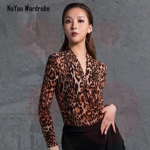 Long Sleeve Leopard V Neck Sexy Latin Dance Bodysuit Stage Performance Dancing Costume A1174 Women Latin Dance Dress
