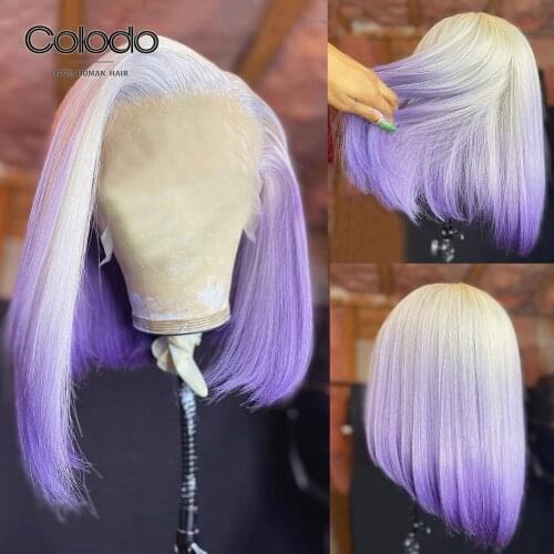 T Platinum/Purple Blue Human Hair Wig Short BOB 13x4 Lace Front Human Hair Wigs For Women Brazilian Remy Transparent Lace Wigs
