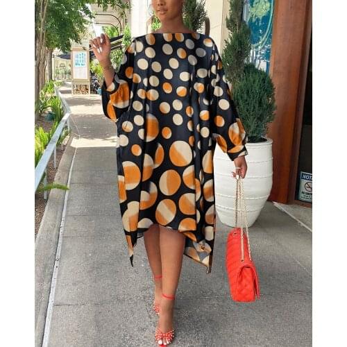 2021 Spring Autumn Clothes Casual Gradient Polka Dot Bat Sleeve Loose Midi Dress Fashion Streetwear Long Tunics Womens Dresses