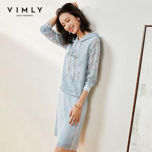 Vimly Women Clothes For Women Casual Hooded Letter Embroidery Lace Sweatshirt High Waist Skirt Female Two Piece Set F0107