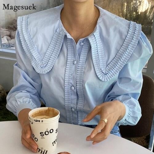 Turn-Down Collar Puff Long Sleeve Button Loose Woman Shirt Solid White Women Blouses Tops Blusas Pleated Work Style OL Shirts