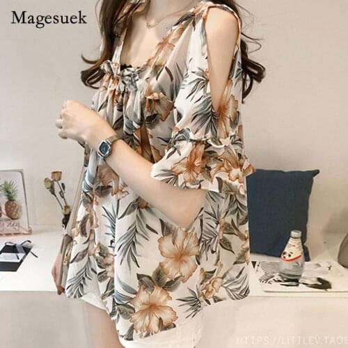 2021 sweet women chiffon printing blouse V-Neck fashion off shoulder blouse Womens loose trumpet sleeve shirt blusas 13757