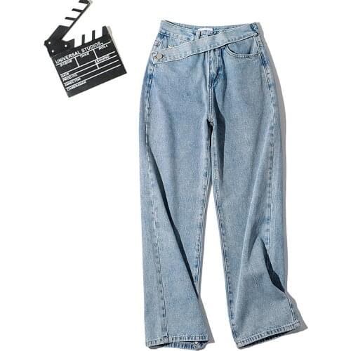 2021 New summer style street casual slant waist simple straight leg wide-leg jeans women, solid color thinner jeans women