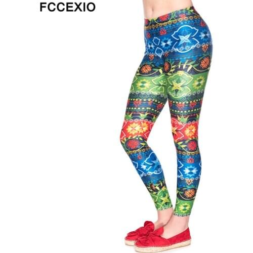 FCCEXIO Women Fitness Leggings Workout Leggins Sexy Legging Slim Pants High Waist 3D Print Tropical Aztec Fashion Push up Pants