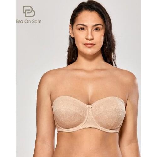 Womens Sexy Floral Lace Unlined Convertible Support Underwire Strapless Bra Plus Size Black Beige