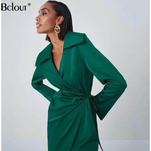 Bclout Elegant A Line Green Dress Wrap Vintage V Neck Long Sleeve Lace Up Satin Dress Sexy Party High Waist Midi Slit Robe 2021