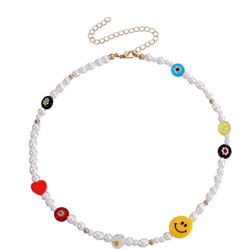 Acrylic Yellow Smiley Imitation Pearls Beaded Necklace for Women Red Heart Flower Charm Clavicle Chain Short Necklaces 2021 New