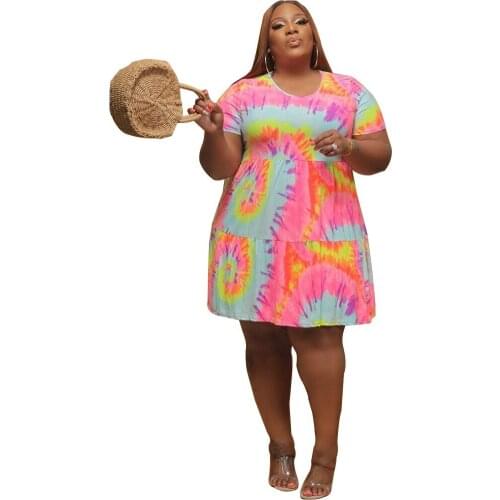 2021 Ladies Summer Dress Plus Size Skirt Digital Print Big Swing Print Round Neck Lace Short Sleeve Dress