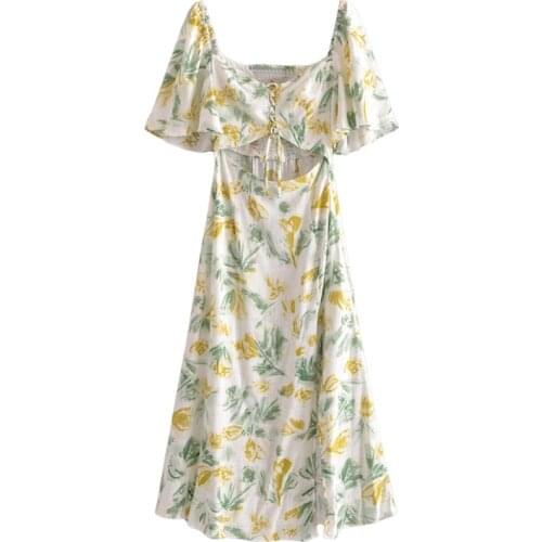 Summer 2021 Beach Floral Printed Hollow Out Midi Dress Women Butterfly Sleeve Backless Dress Female Chic Split Dresses