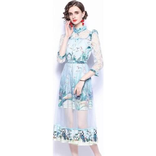 Sweet Mesh Patchwork Animal Flower Print Sky Blue Summer Dress Women Cute Bow Fungus Ruffle Stitching Party Vestido k2038