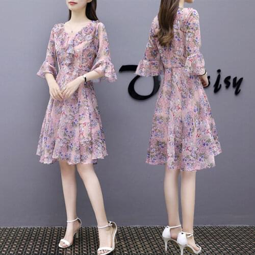 2021 Summer Elegant Floral Dress Pink Chiffon Printed Short Sleeve Ruffle Patchwork V-neck Pius Size Beach Cocktail Dresses 0140