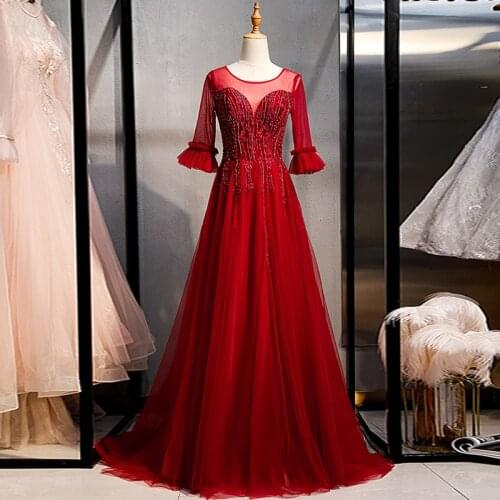 Bespoke Occasion Dress Illusion O-Neck Full A-Line Beading Embroidery Luxury Burgundy Tulle Lace Women Formal Evening Gown HB133