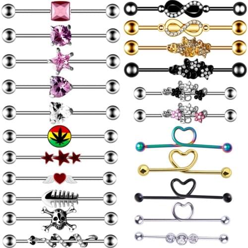 1/2PCS Surgical Steel Skull Industrial Barbell Earring Pink Zircon Industrial Piercing 14G Helix Piercing Cartilage Body Jewelry