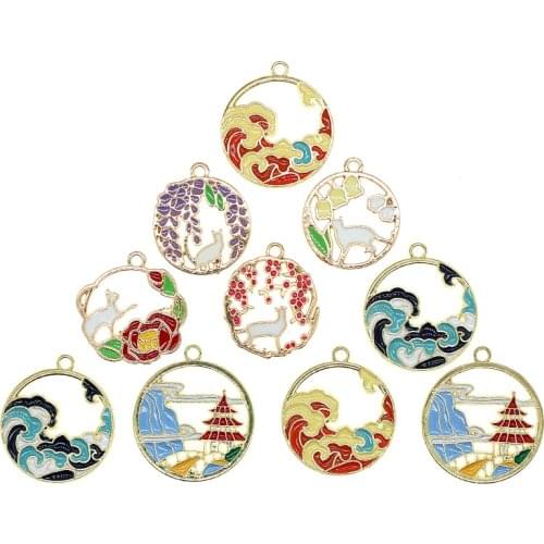 10pcs/lot 22/24/25/27mm Chinese Style Enamel Flower Cat Spray Charms For Earrings Bracelet DIY Jewelry Making Findings XL1114