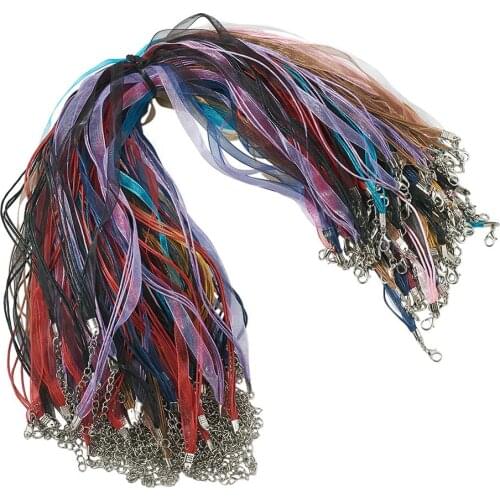 100pcs/set Mixed Color Silk Organza Ribbon Necklace Strap Wax Cord 17.7" Chain Lobster Clasp For DIY Jewelry Making