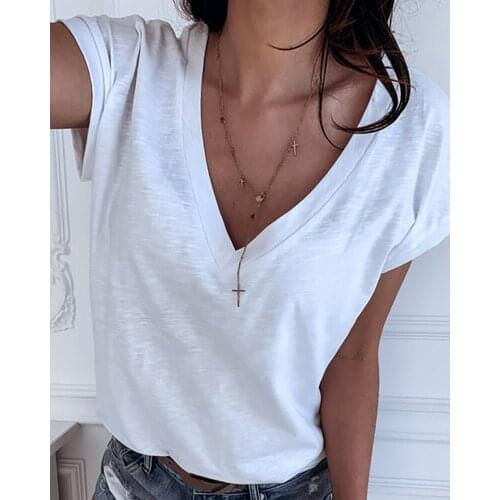 2020 Summer Women Fashion Elegant Solid Casual T-shirt Basic Solid V-neck Short Sleeve T-shirt Female V Neck Brief Tee