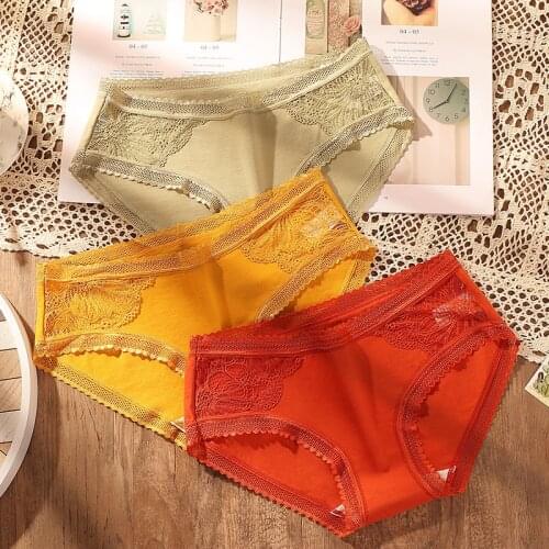 2021 Womens Cotton Underwear Sexy Lace Panties Mid Waist Solid Color Briefs Seamless Comfortable Panties Female Sexy Lingerie