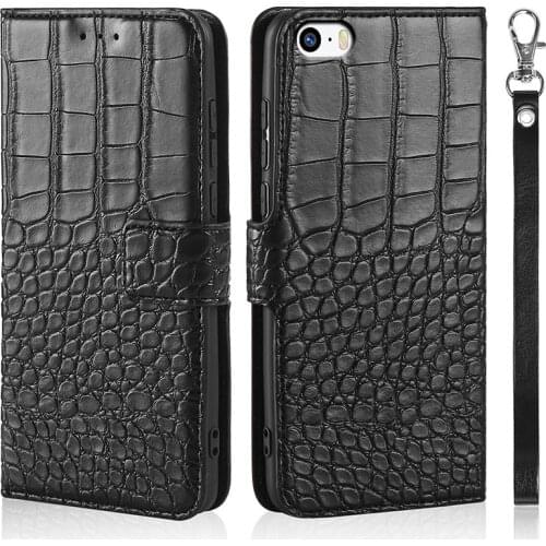 Phone Case for iPhone 5 5S for iPhone SE 4.0inch Case Wallet Crocodile Texture Leather Book Design Phone Coque Capa With Strap